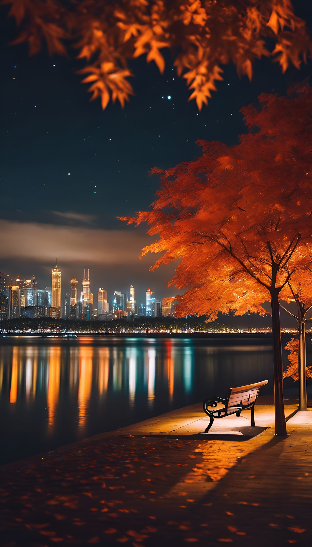 Autumn Tree and Bench Overlooking City Lights at Night - Free 4K mobile Wallpaper