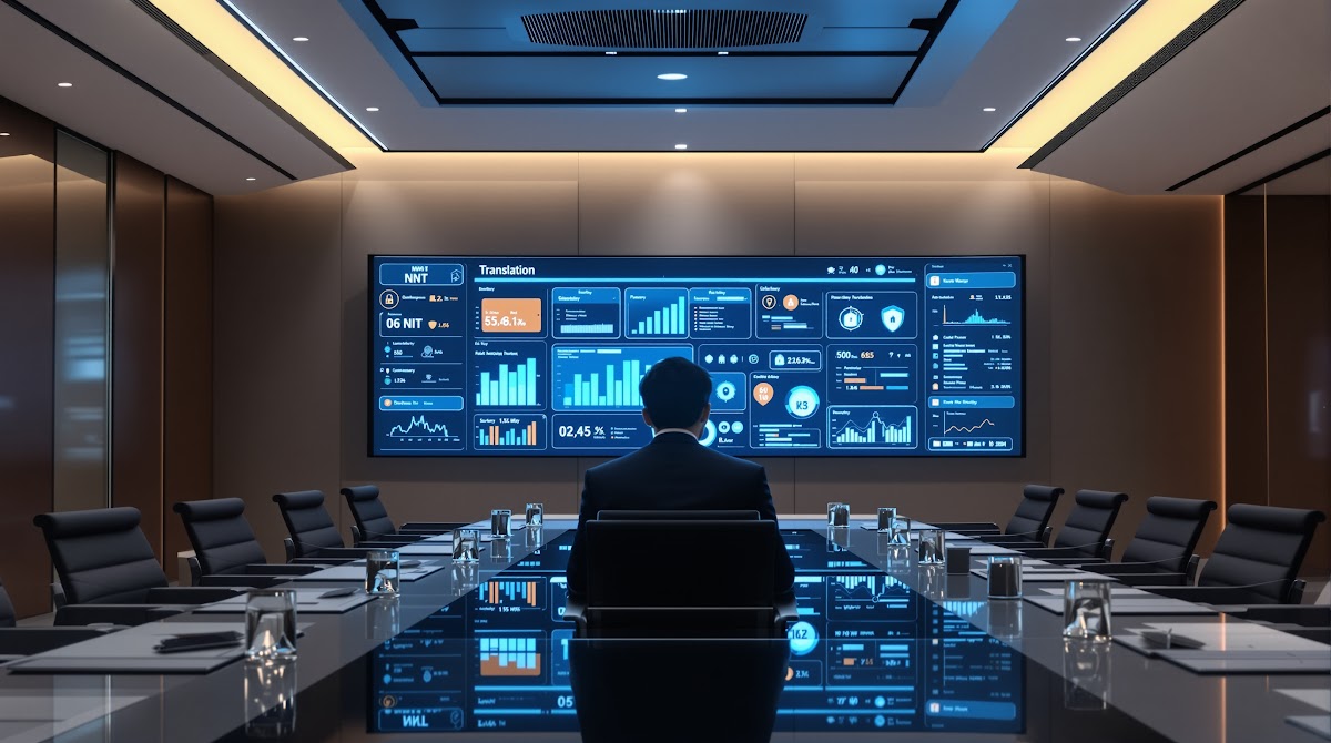 노르웨이어통역  기업 회의실에서 시스트란 통번역 솔루션을 활용해 노르웨이어통역사가 대량 문서를 빠르게 번역하는 장면, NMT·용어집·보안 기능이 강조된 대시보드와 실제 번역 워크플로우가 함께 보임