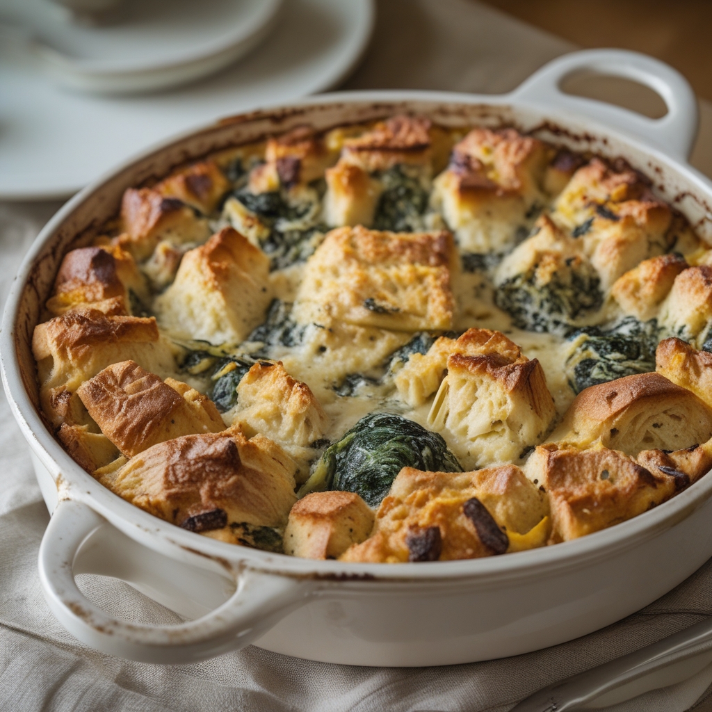 Hearty Cheesy Chicken & Spinach Artichoke Savory Bread Pudding