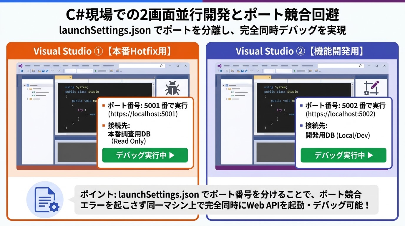 C#現場での2画面並行開発とポート競合回避