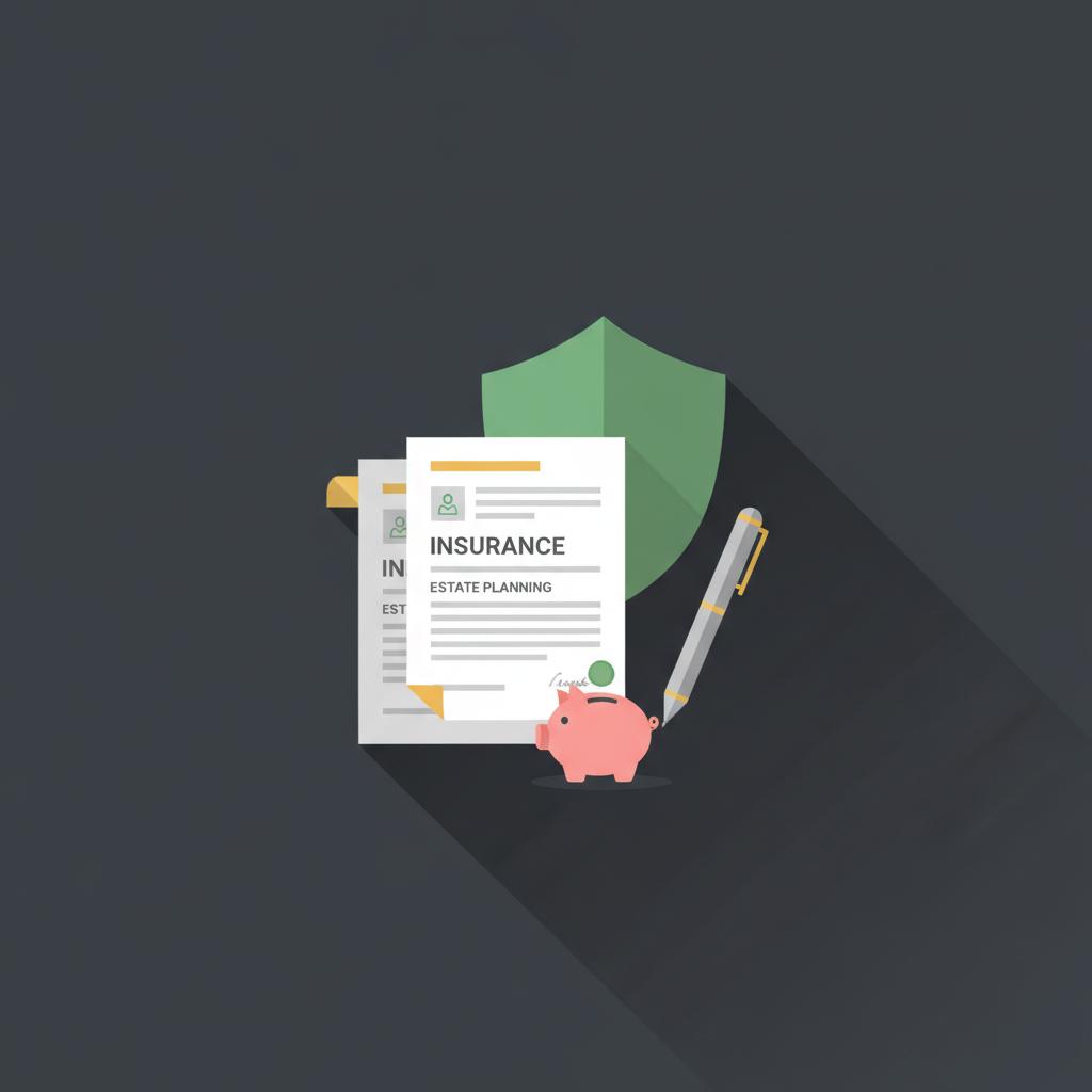 Minimal 2D vector desk scene suggesting wealth building strategies with insurance and estate planning documents pen and piggy bank on dark background