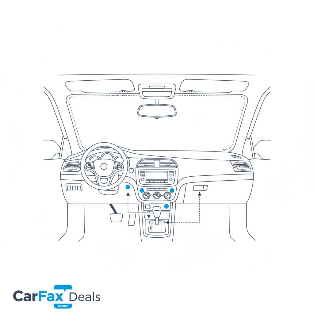 Minimalist 2D vector interior showing dashboard HVAC controls and sunroof area for volkswagen beetle for sale highlighting inspection points for electrical issues and leaks