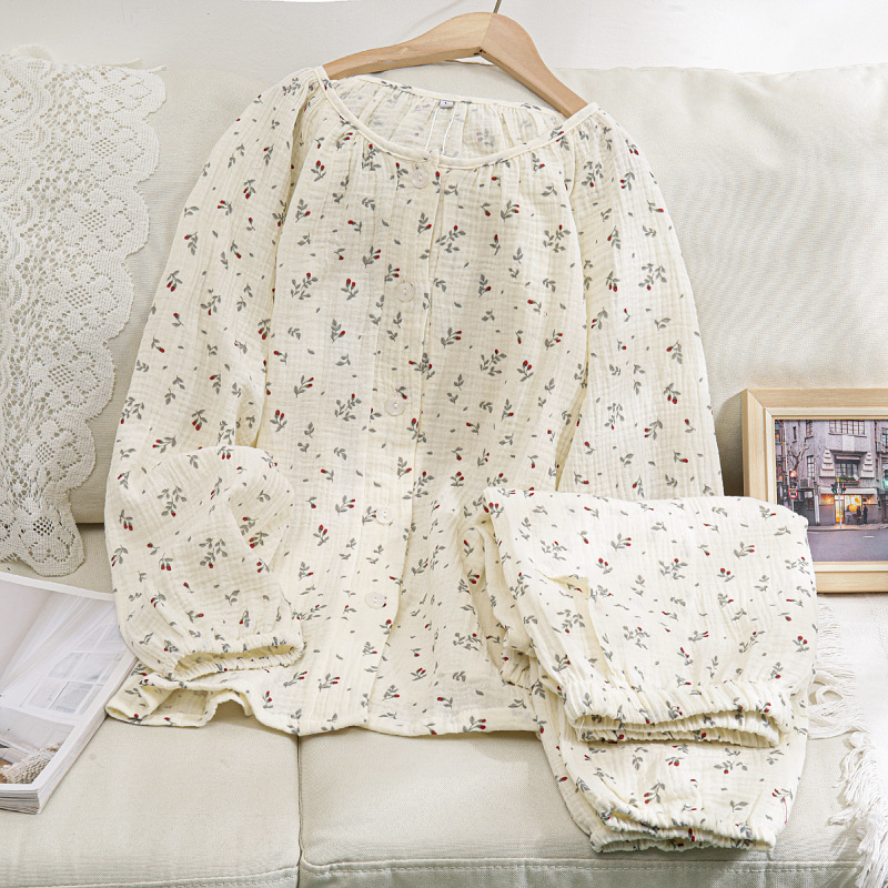 Women's cotton muslin pajama, long-sleeved, breathable