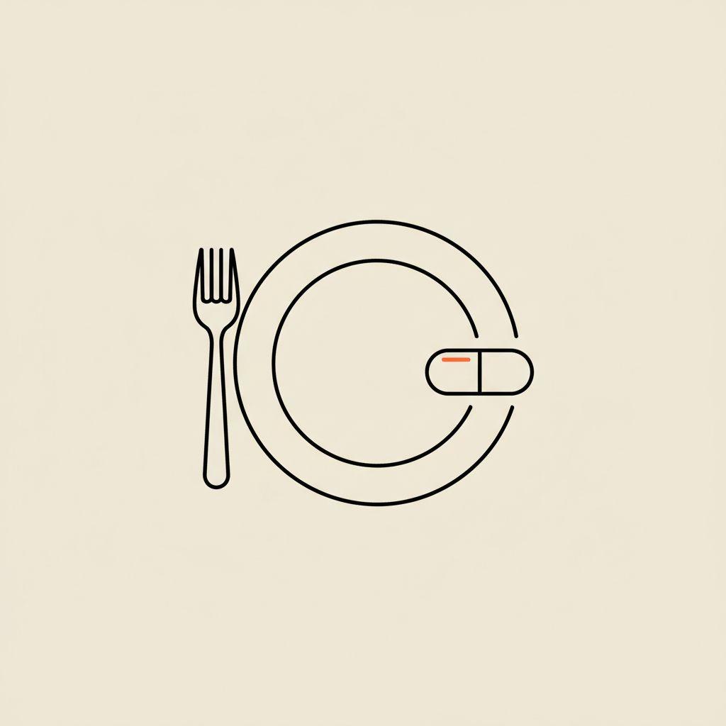 Minimal Tonum-style line illustration of a plate with a fork and a capsule on a beige background representing meal timing and the best time to take garcinia