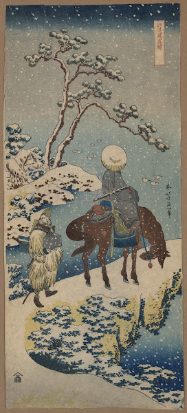 Two travelers one on horseback on a precipice or natural bridge during a snowsto
