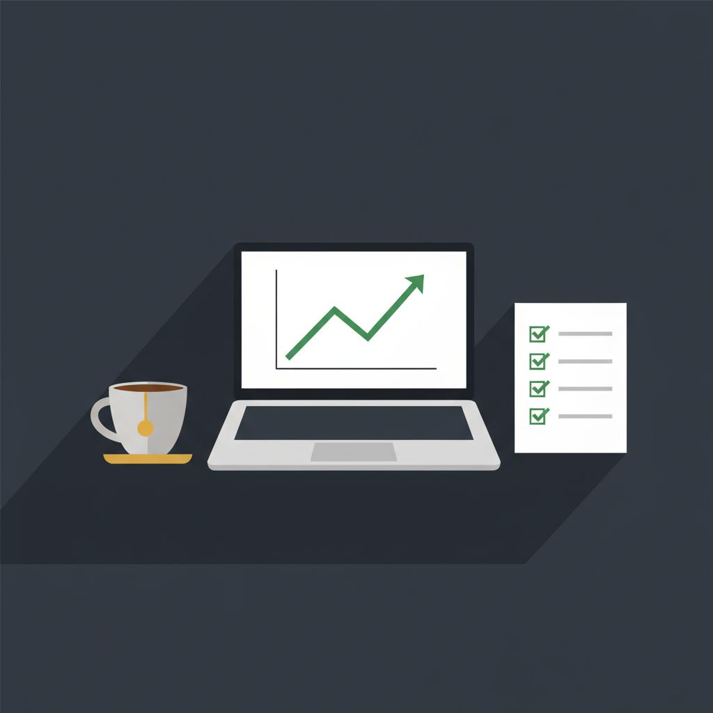 Minimal 2D vector tidy desktop with laptop showing a REIT fund chart printed checklist and coffee cup illustrating how to get started in real estate