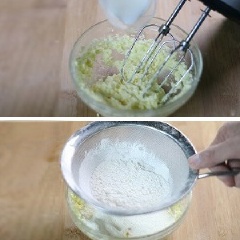 Đổ 80ml sữa chua vào hỗn hợp bơ và để nguyên lớp sữa chua ở trên, không trộn cũng không đánh máy thêm nữa. Trong một tô khác, trộn đều 150g bột mì, 1/2 muỗng cà phê bột nở, 1/4 muỗng cà phê muối nở và rây bột lên phía trên lớp sữa chua.