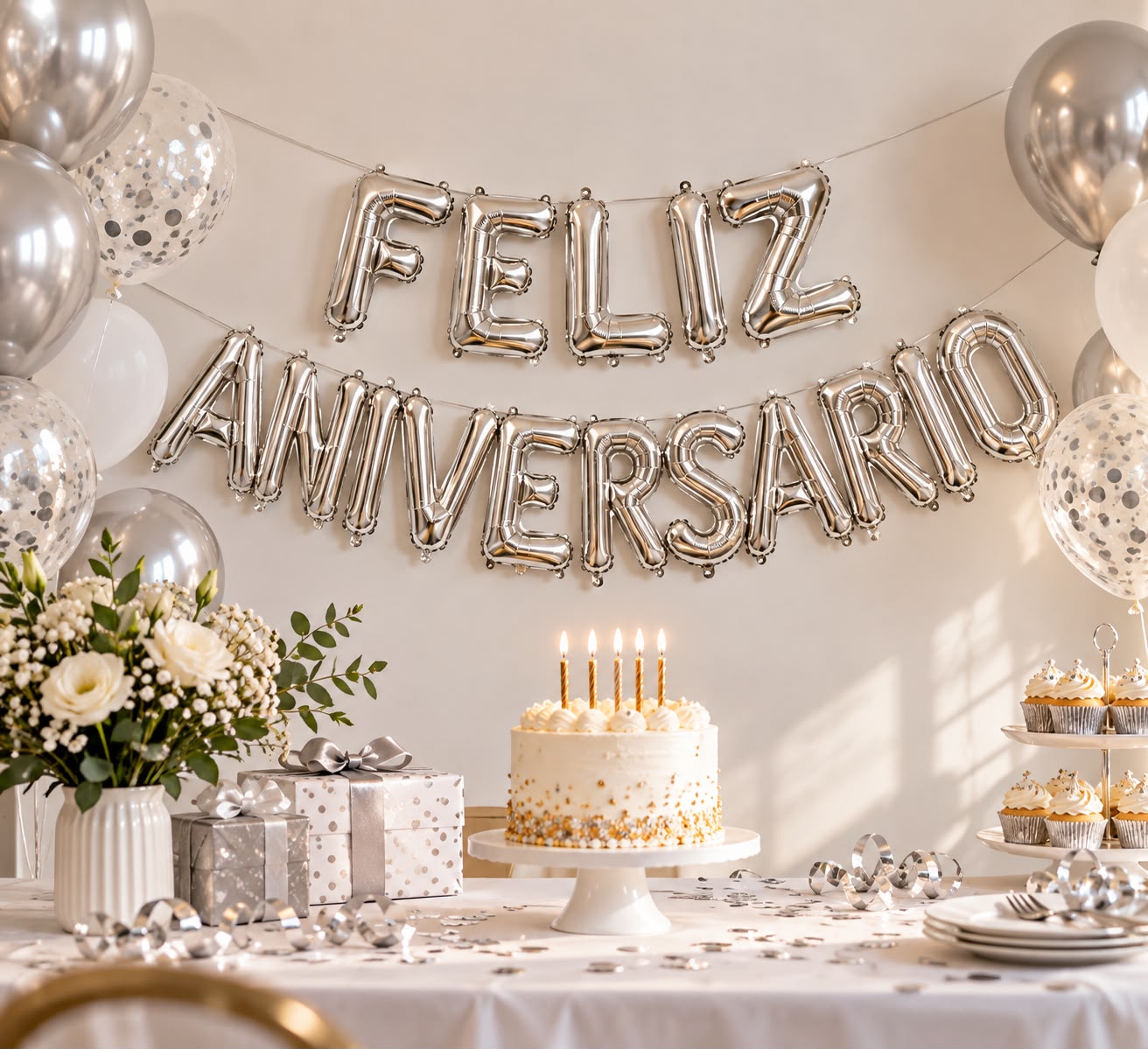 Globo metalizado 'Feliz Aniversario' plateado