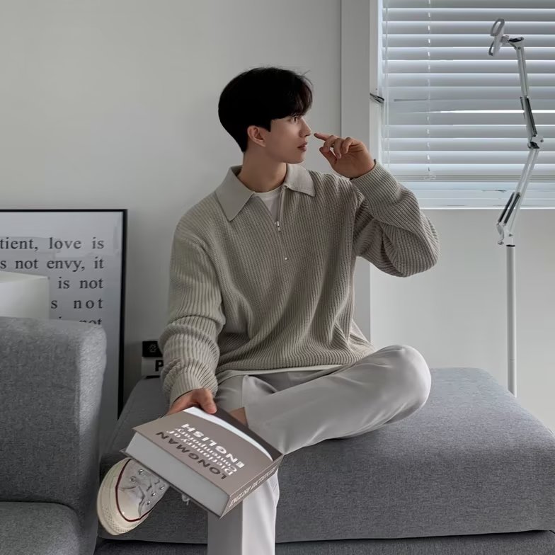 Herren-Strickpullover mit Polo-Kragen und Reißverschluss