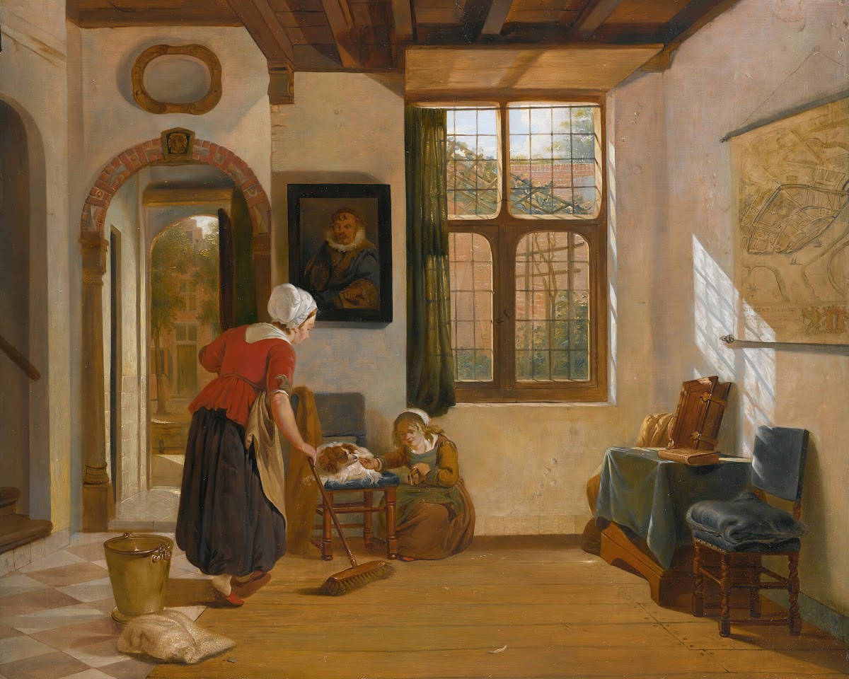 Interior with a maid a girl with a dog anda map of dordrecht