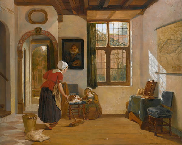 Interior with a maid a girl with a dog anda map of dordrecht