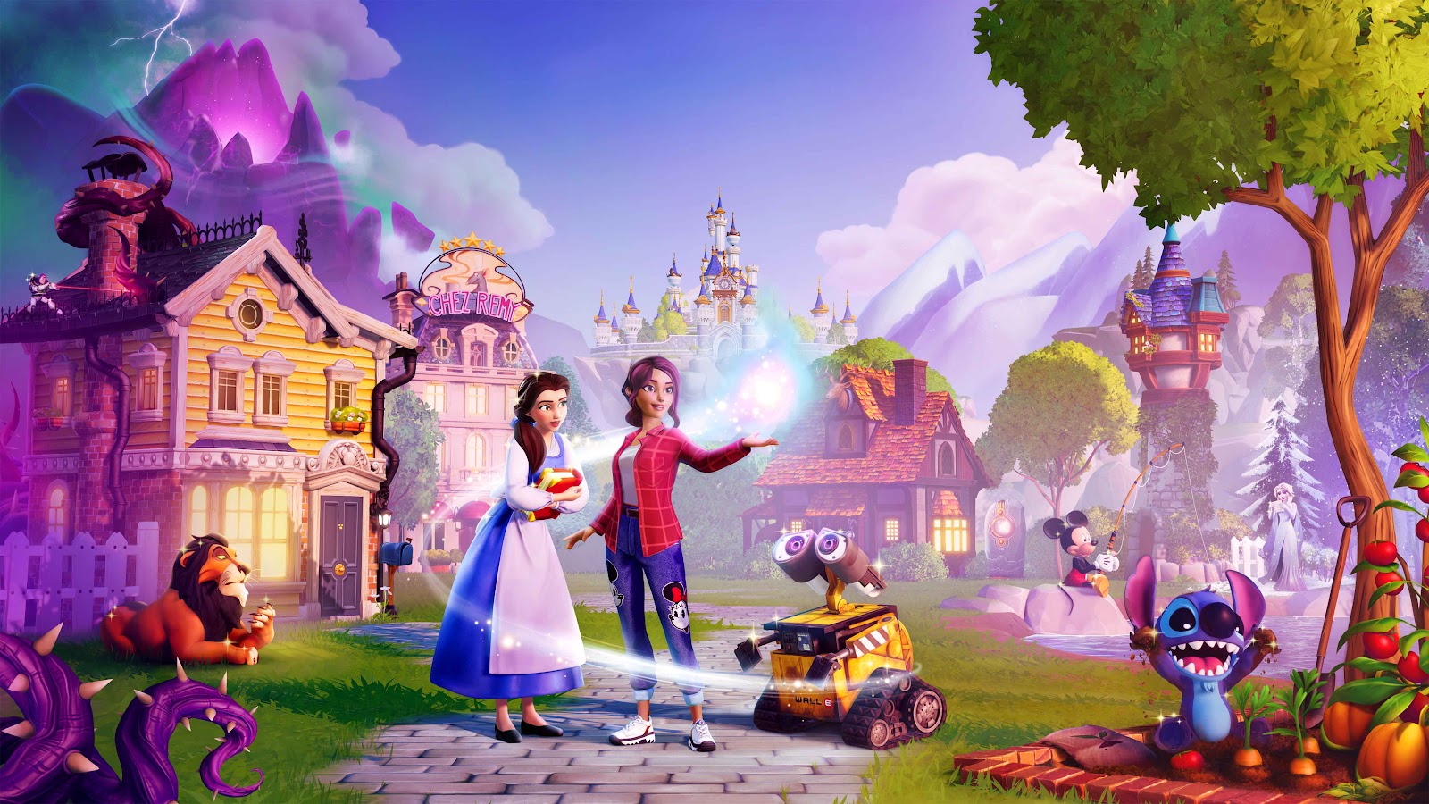 Disney Dreamlight Valley Wishblossom Ranch DLC key art featuring horses and characters available free for Apple Arcade subscribers.