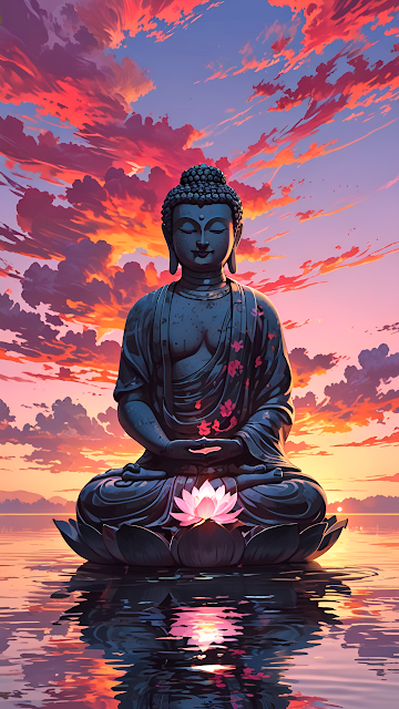 Meditating Buddha Sunset Reflection Lotus Art - Free mobile Wallpaper