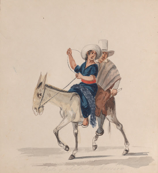An indigenous man and woman together riding a donkey ca 1848