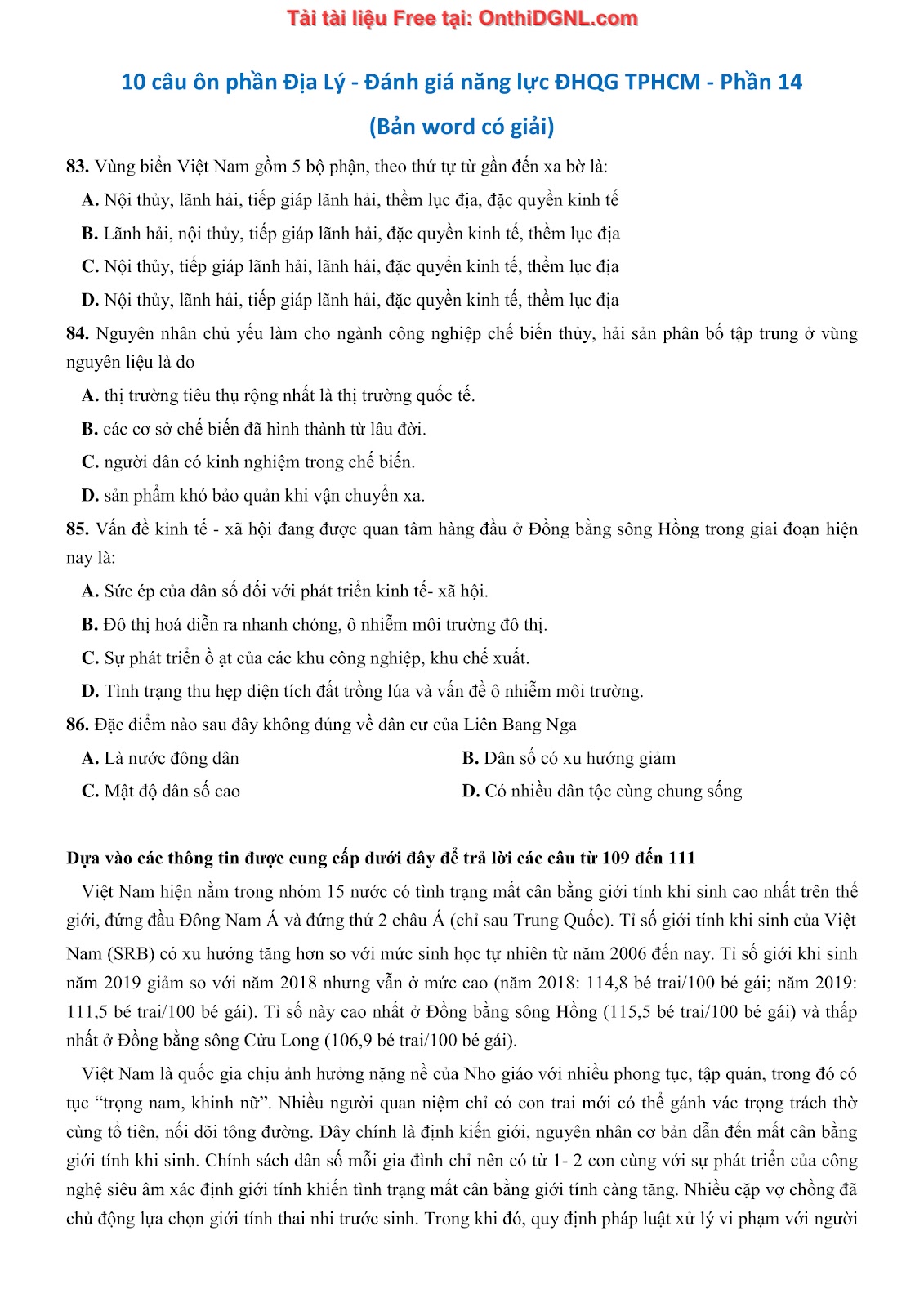 250 bài tập môn Địa Lý - Ôn thi ĐGNL ĐHQG TP HCM Phần 14