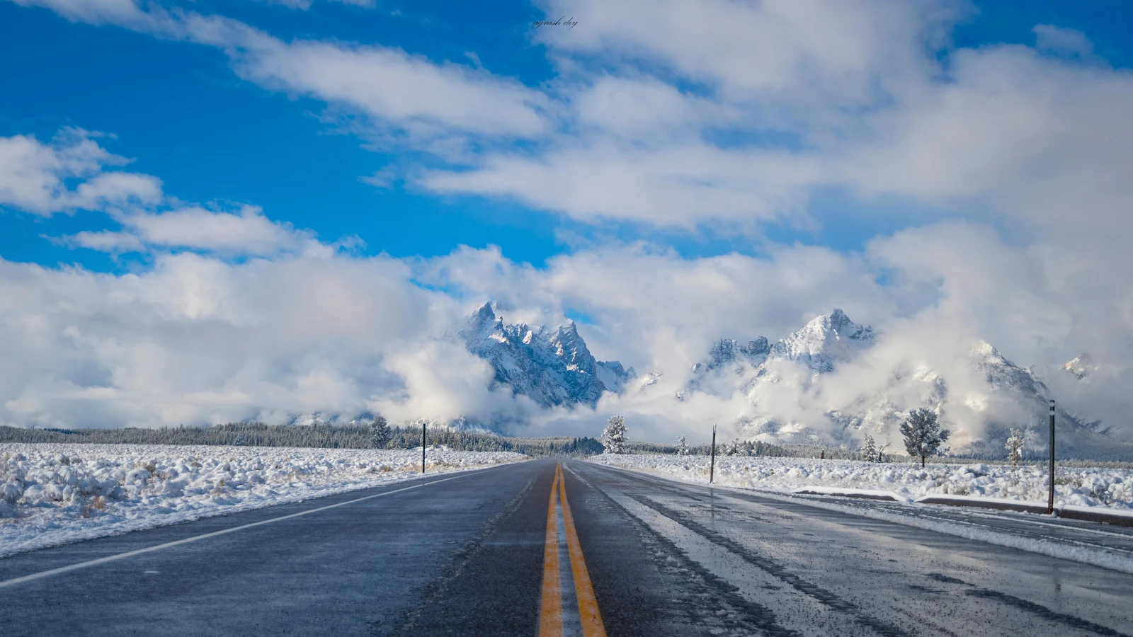 Winter Roadtrip, Snowy Mountains, Scenic Highway, Grand Teton 4K Wallpaper Background (3840x2160)