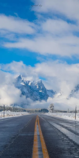 Winter Roadtrip, Snowy Mountains, Scenic Highway, Grand Teton 4K Wallpaper Background