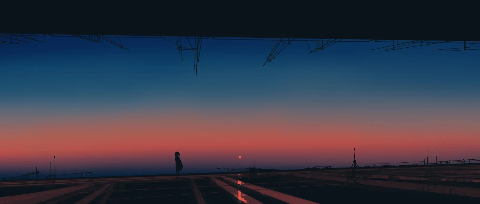 Figure Stands Under Sunset Sky - Minimalist Digital Painting 4K Wallpaper (5640x2400)
