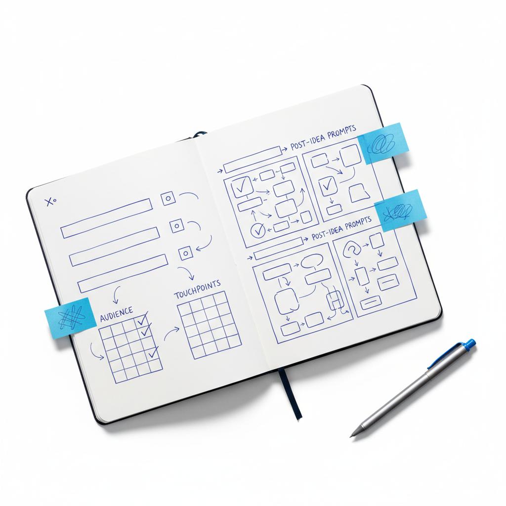 Close-up notebook spread with hand-drawn content pillars and post prompts showing how to promote yourself on X; sticky notes and pen in Agency Visible brand colors on white background.