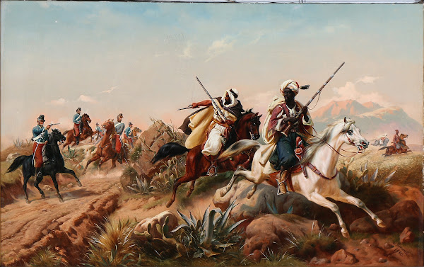 Nordafrikansk scene med arabiske ryttere 1880