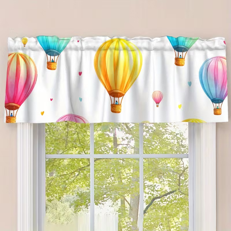 Window curtain with hot air balloon motif