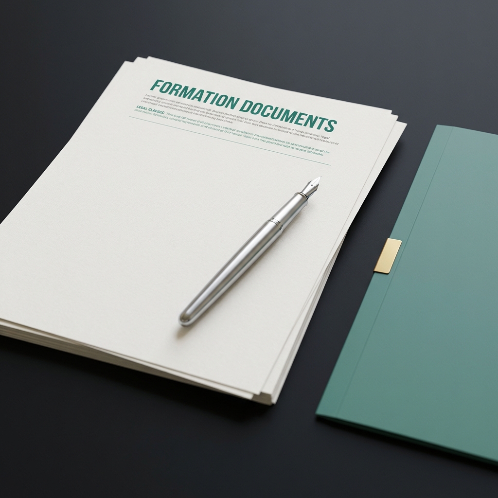 Close up of formation documents and pen on a dark desk in a minimalist office illustrating how to start a hedge fund process