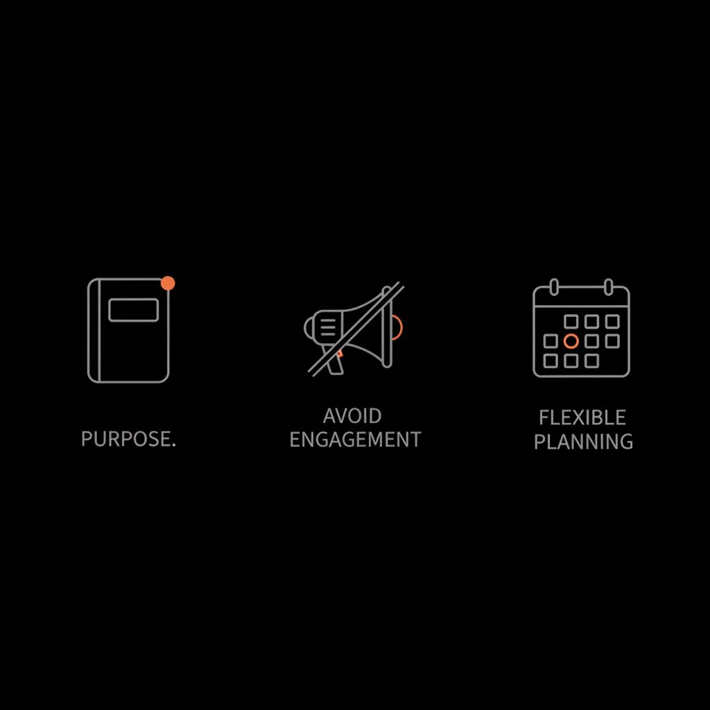 Minimal full-frame infographic on black background with gray notebook, crossed megaphone and calendar vector icons with orange accents representing purpose, avoiding neighbor-like engagement and flexible planning — deleted Google accounts