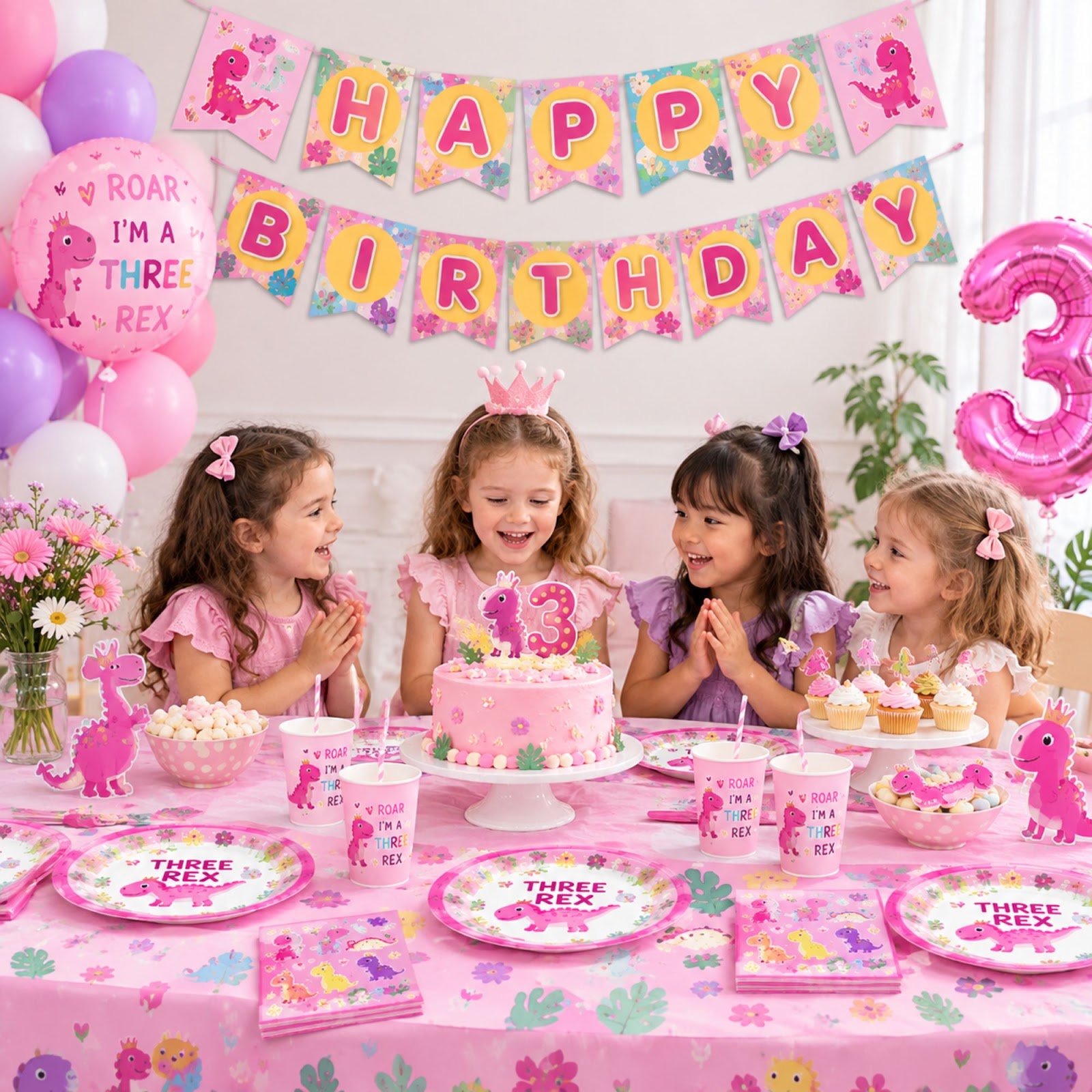 2 Pack Pink Dinosaur Birthday Party Supplies for Girls, 160Pcs 3rd Birthday Decorations with 80 Plates, 40 Cups & 40 Napkins, Dino Party Tableware Serves 40 view 3