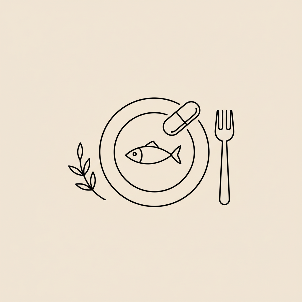 Minimalist Tonum-style vector line illustration on beige #F2E5D5 of a plate with fork, single fish outline, capsule and herb sprig — how to slim tummy in 7 days