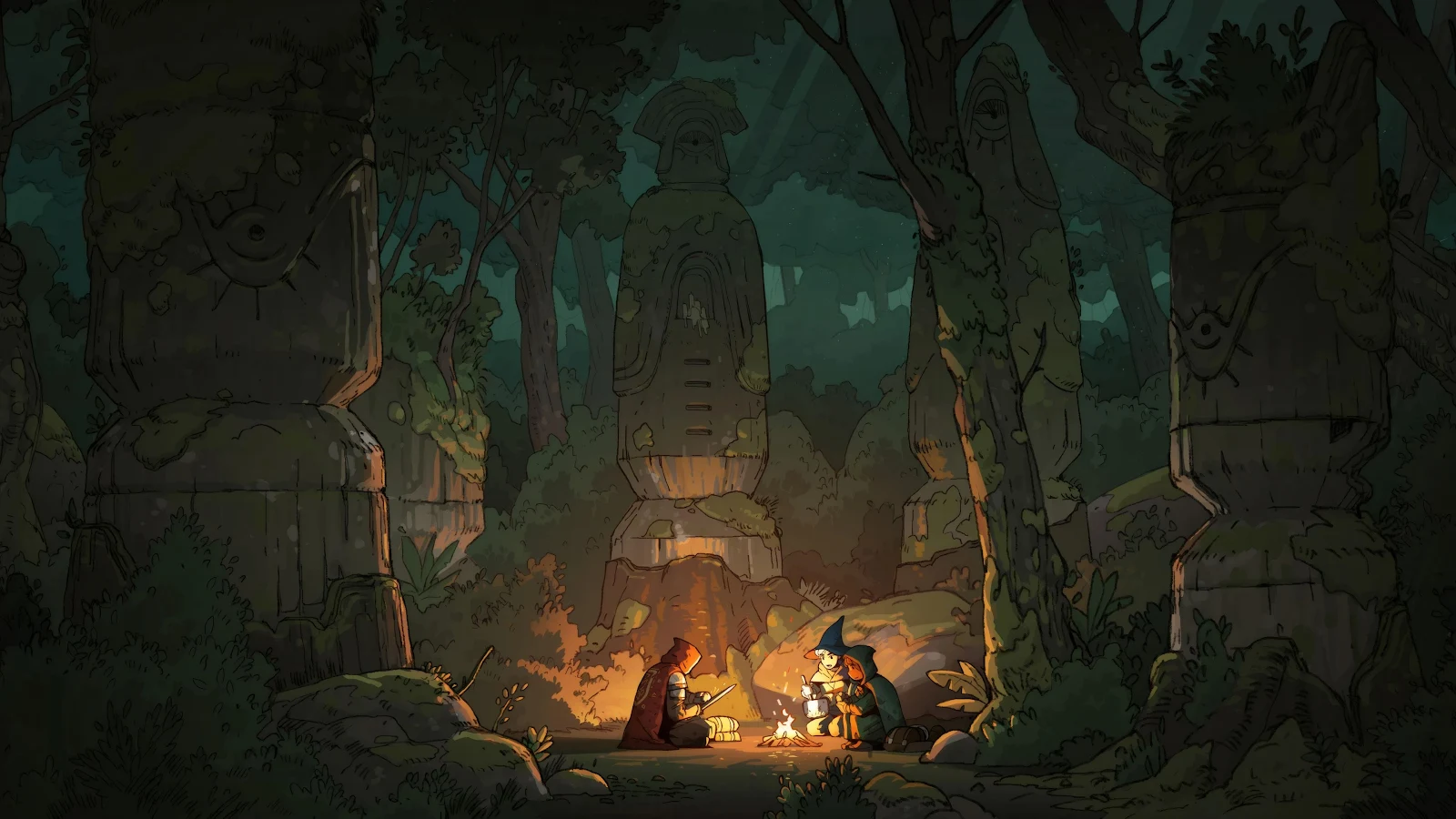 Campfire Under Giant Forest Ruins - Digital 2D Illustration 4K Wallpaper (3840x2160)