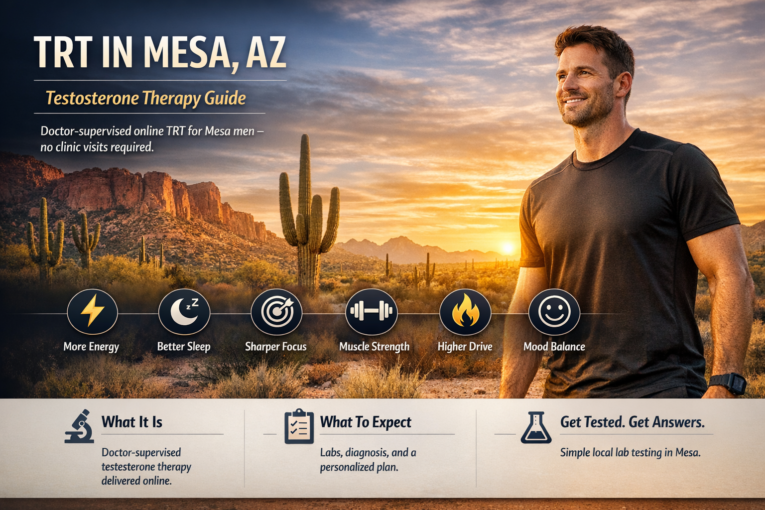 TRT in Mesa, AZ: How to Get Testosterone Therapy (2026) — AZTRT Arizona TRT clinic blog cover showing a fit man at sunrise in the Mesa desert with TRT benefit icons