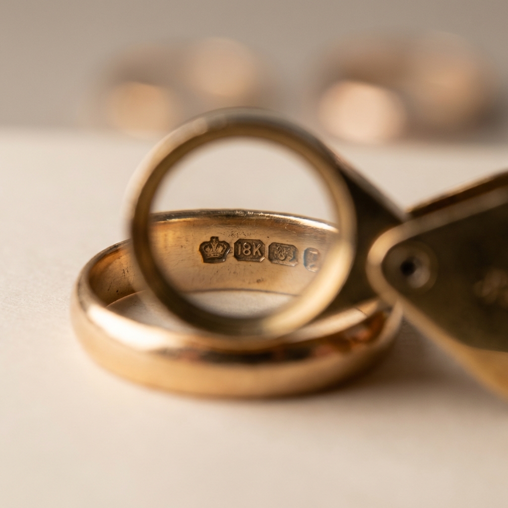 Macro shot of jeweler loupe inspecting gold ring edge showing hallmarks and patina on warm neutral background cincin emas roman