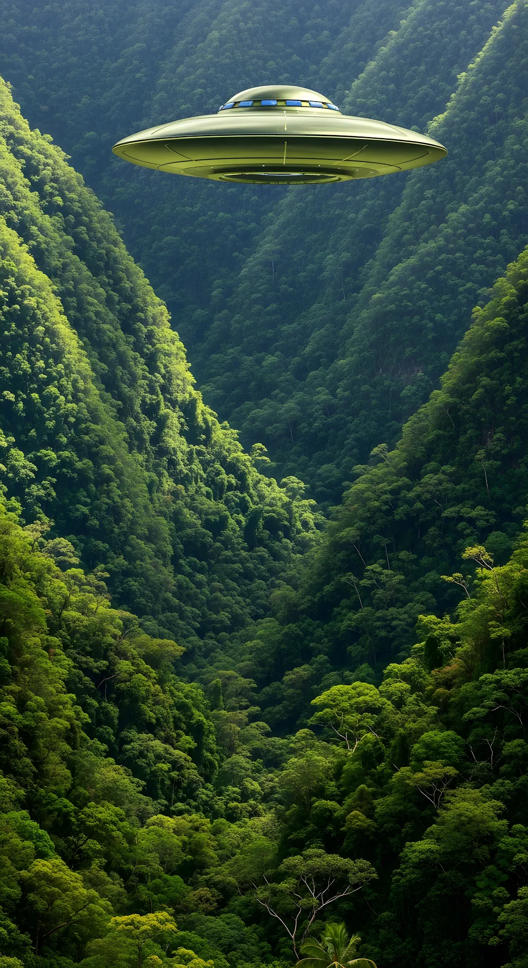 Alien Saucer Hovering Above Deep Tropical Jungle Valley - Free 4K mobile Wallpaper