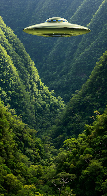 Alien Saucer Hovering Above Deep Tropical Jungle Valley - Free mobile Wallpaper
