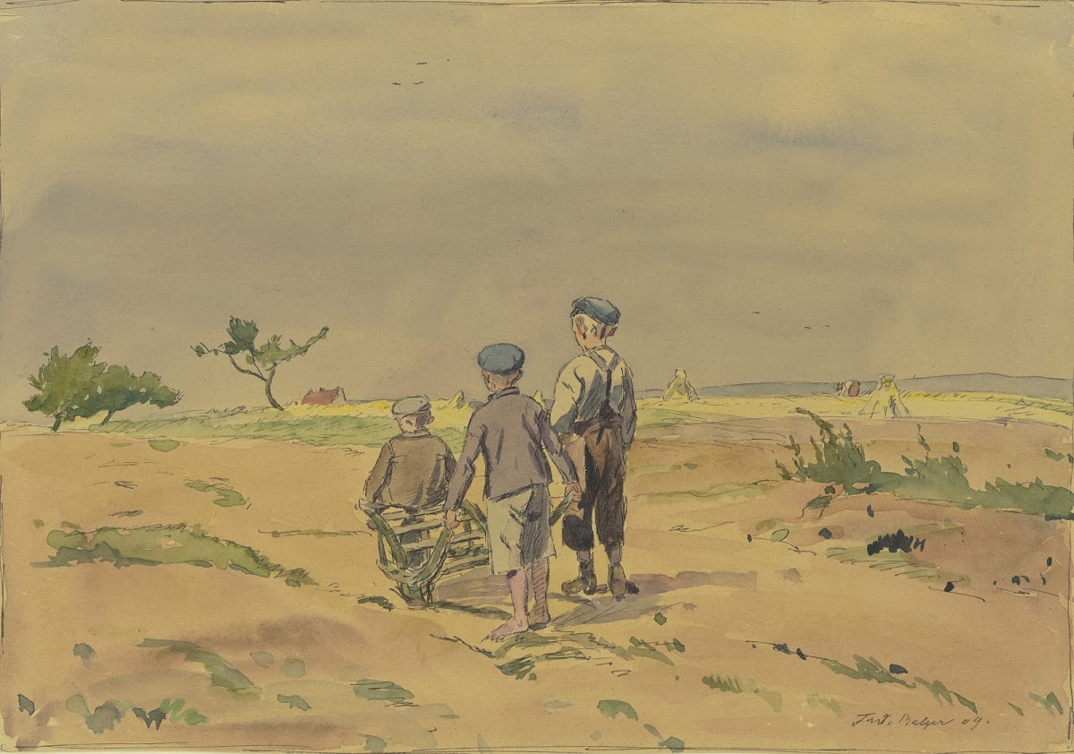Kinder mit Schubkarren auf einem Landweg 1909