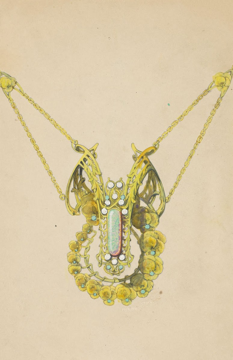 Ontwerp voor een hanger met viooltjes van geëmailleerd goud met een opaal c 1905