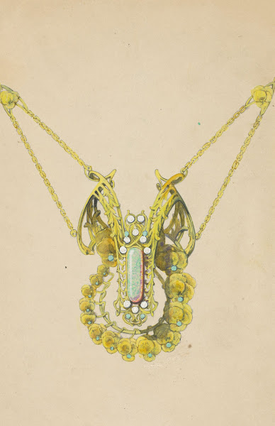 Ontwerp voor een hanger met viooltjes van geëmailleerd goud met een opaal c 1905