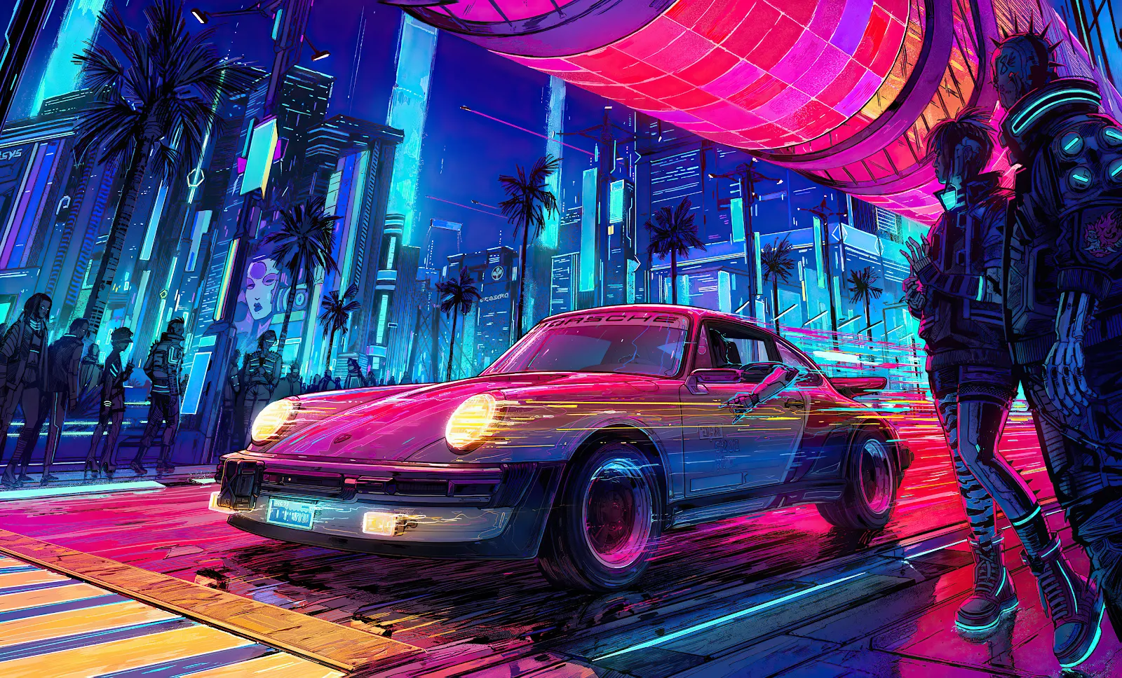 A Stunning Car, Cyberpunk, Road, Neon, City 4K Desktop and Mobile Wallpaper Background (3840x2322)