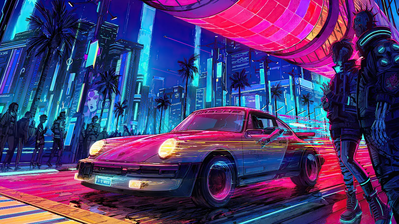 Car, Cyberpunk, Road, Neon, City 4K Desktop Wallpaper