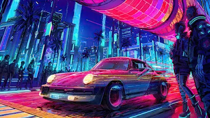 Car, Cyberpunk, Road, Neon, City 4K Wallpaper Background