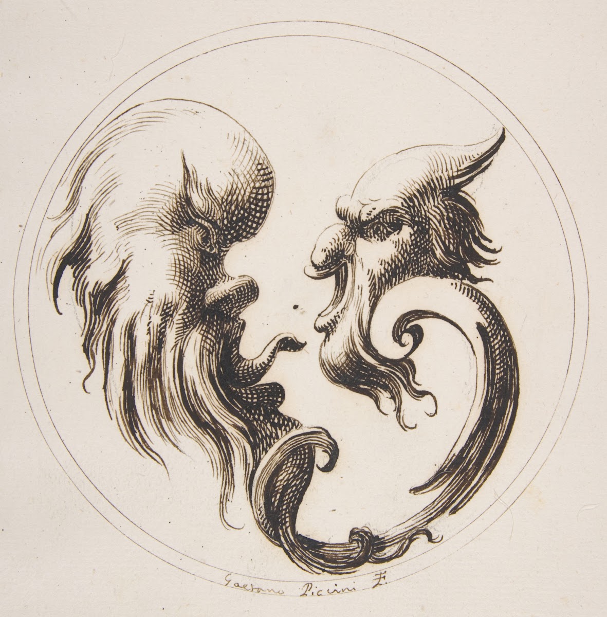 Two Grotesque Heads Facing One Another within a Circle 1727