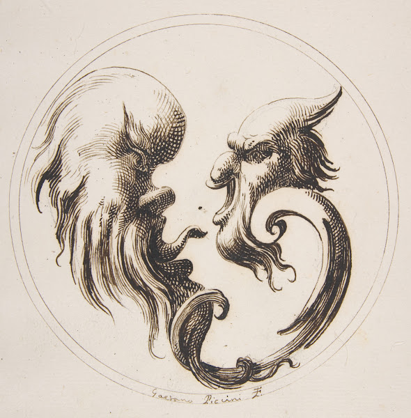 Two Grotesque Heads Facing One Another within a Circle 1727