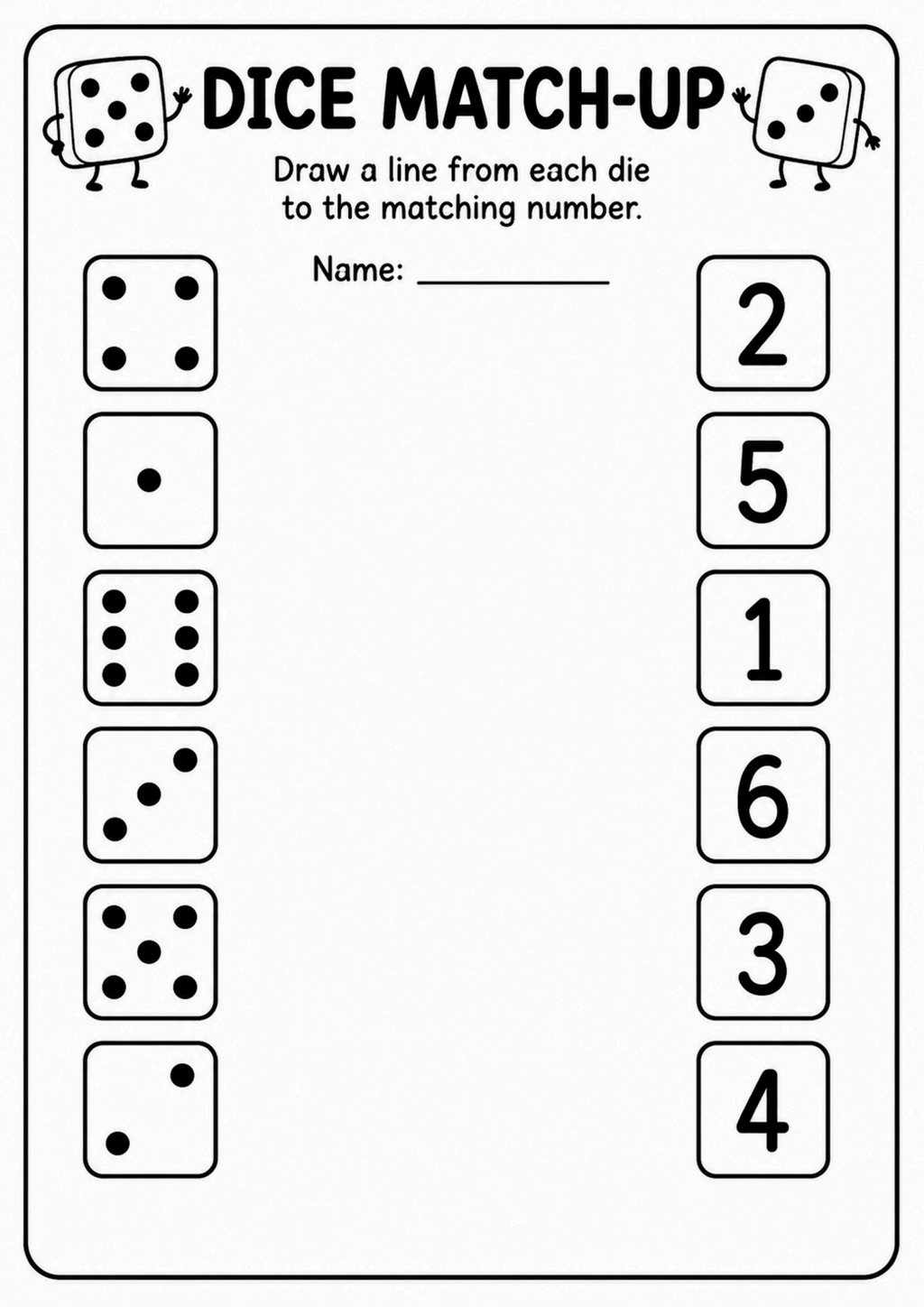 Dice Match-Up Number Matching Worksheet