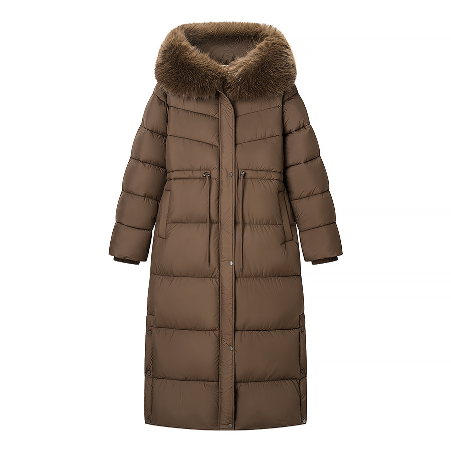 Long women's quilted jacket with hood and faux fur trim