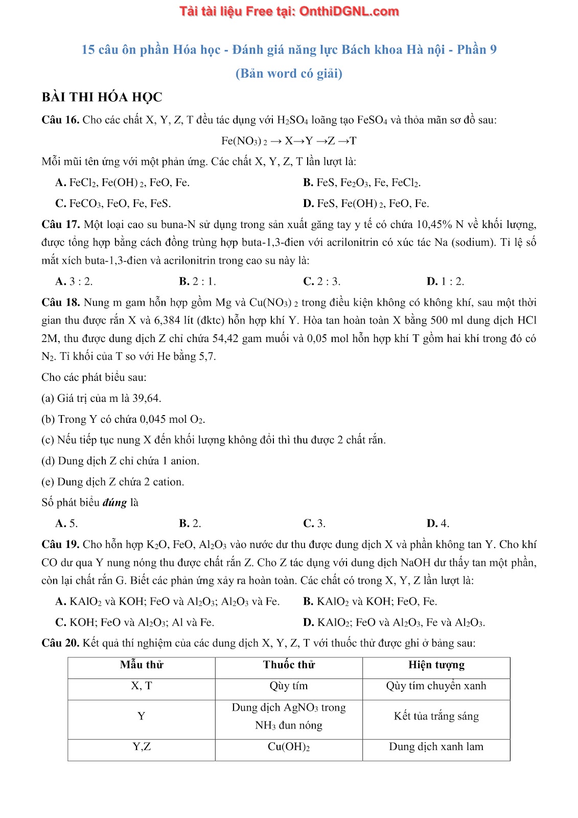 135 bài tập môn Hóa học - Ôn thi ĐGNL Bách khoa Hà nội Phần 9