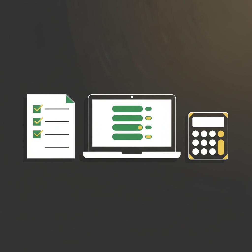 Minimal 2D vector close up of a desk with a checklist laptop showing graphical order fills and a calculator in Finance Police brand colors illustrating best automated crypto trading platform