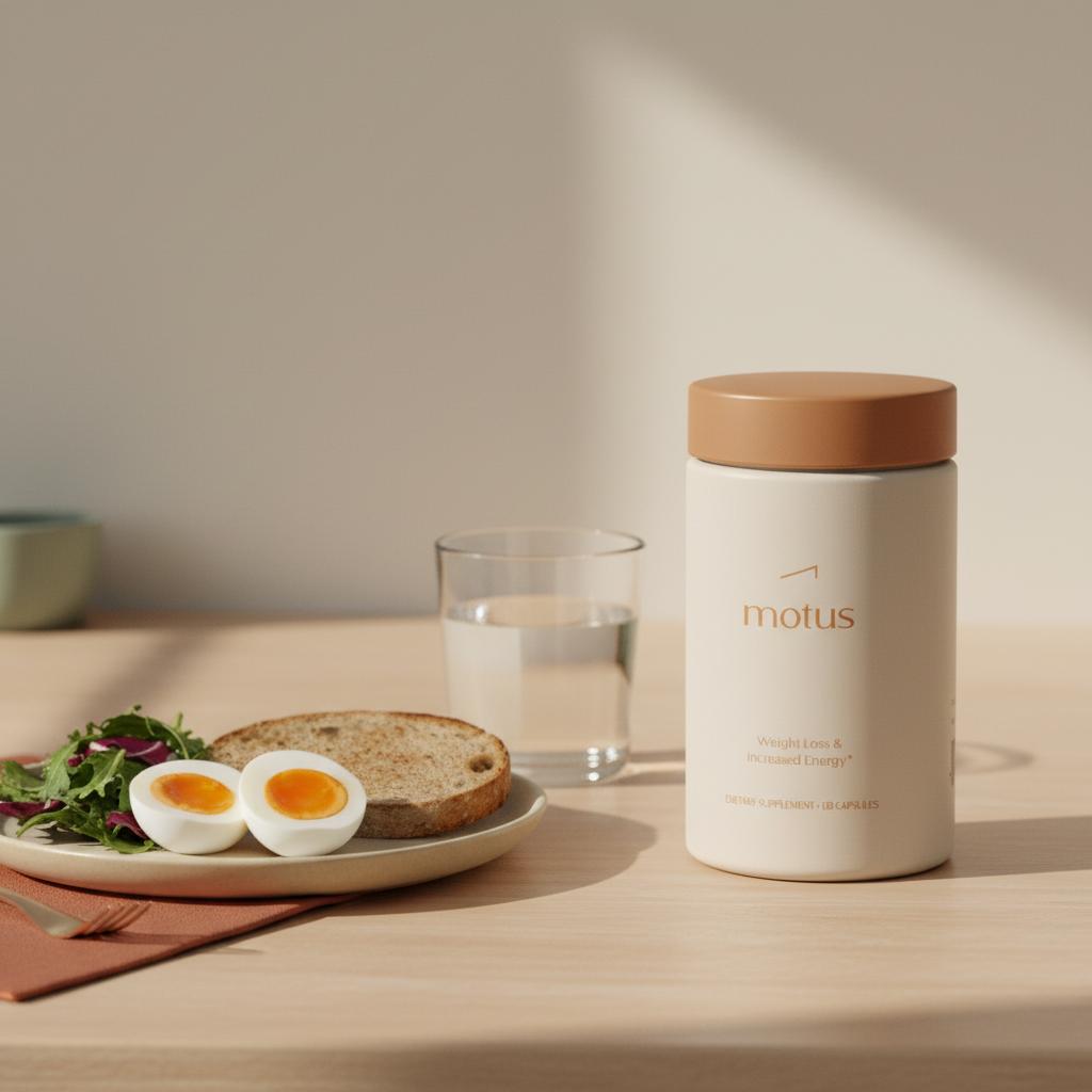 Minimalist breakfast still-life with Tonum Motus supplement bottle beside plate of eggs, toast and greens and a glass of water to reduce food cravings.