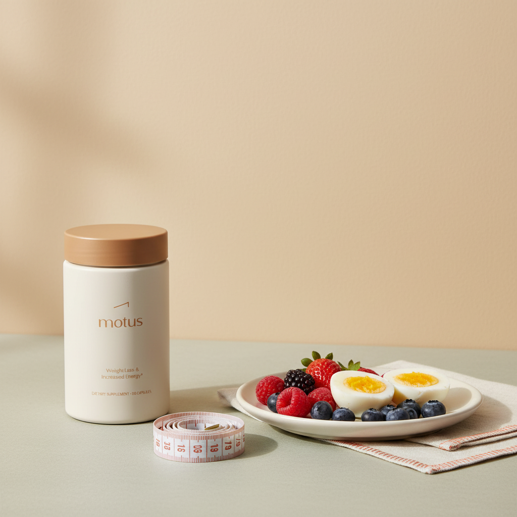 Minimalist kitchen counter featuring Tonum Motus supplement bottle beside eggs, berries and a measuring tape, showcasing a vitamin for weight loss routine