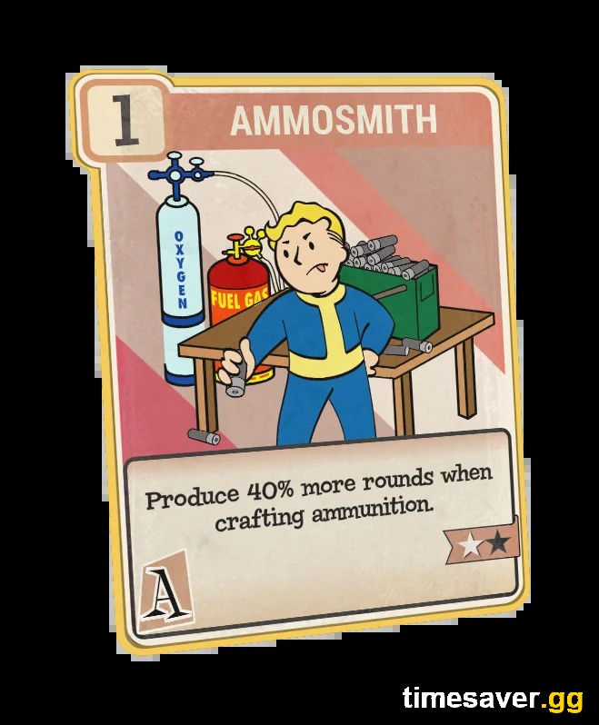 Ammosmith perk card in Fallout 76 — produces 40% more rounds when crafting ammunition
