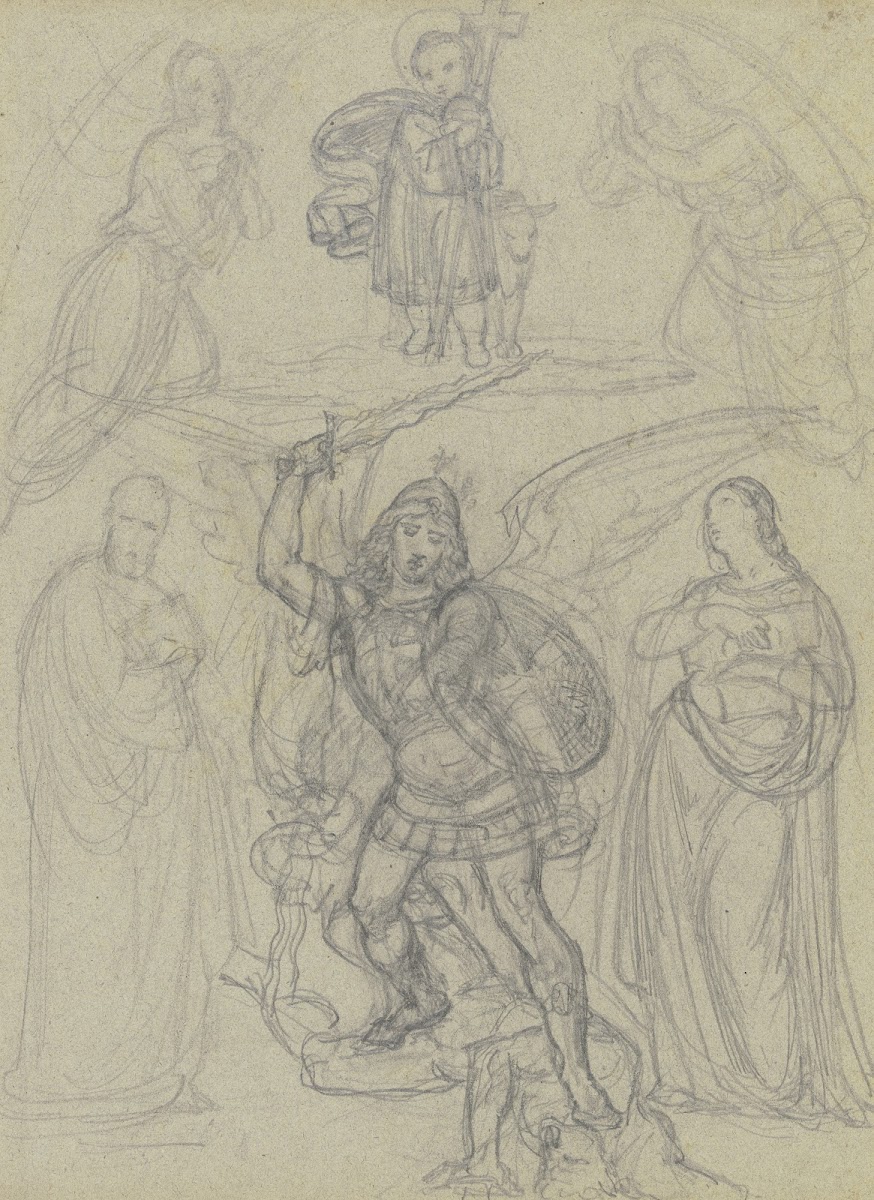 Das Jesuskind mit Kreuz und dem Lamm von zwei Engeln und zwei Heiligen verehrt d